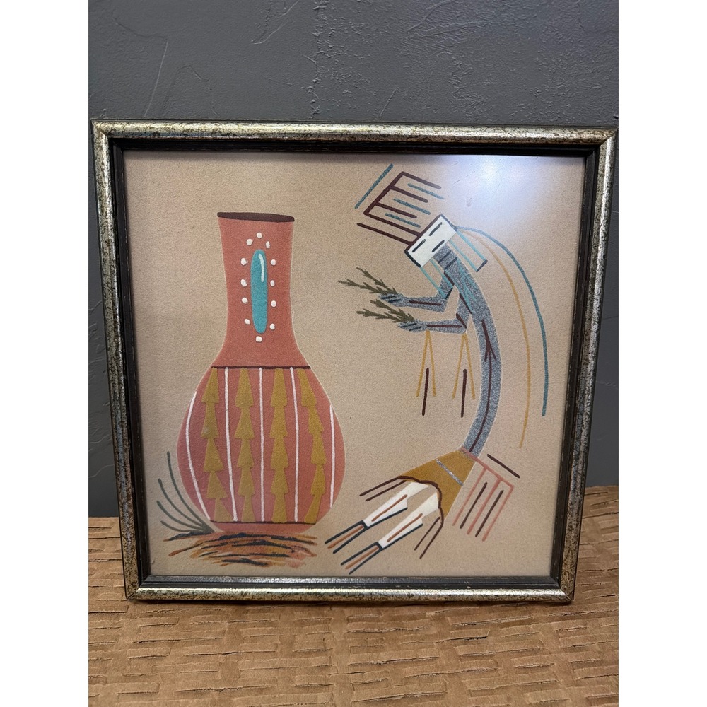 Vintage Navajo Sand Painting Rainbow + Pottery by Berron Framed Southwest Art